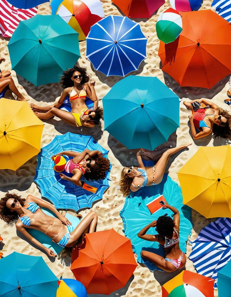 A sun-drenched beach scene showcasing diverse women of various body types wearing vibrant and trendy bikinis, lounging under colorful umbrellas. Include elements like beach towels, sunscreen, and beach balls in the background. The ocean waves gently crash in, with a clear blue sky overhead. Emphasize a joyful, summer vibe that resonates with beachgoers. vibrant colors. super-realistic. lively atmosphere.